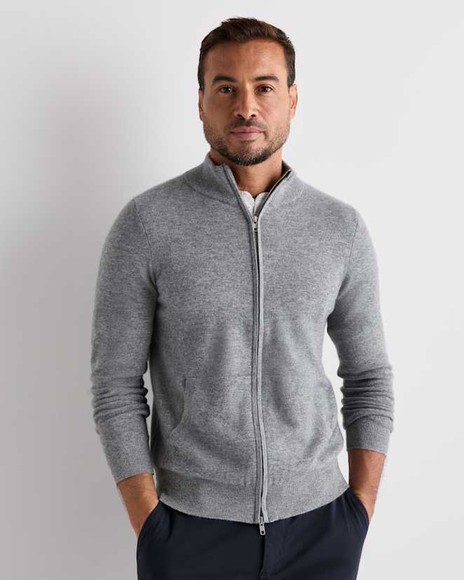 Heather Grey Mongolian Cashmere Full Zip Sweater