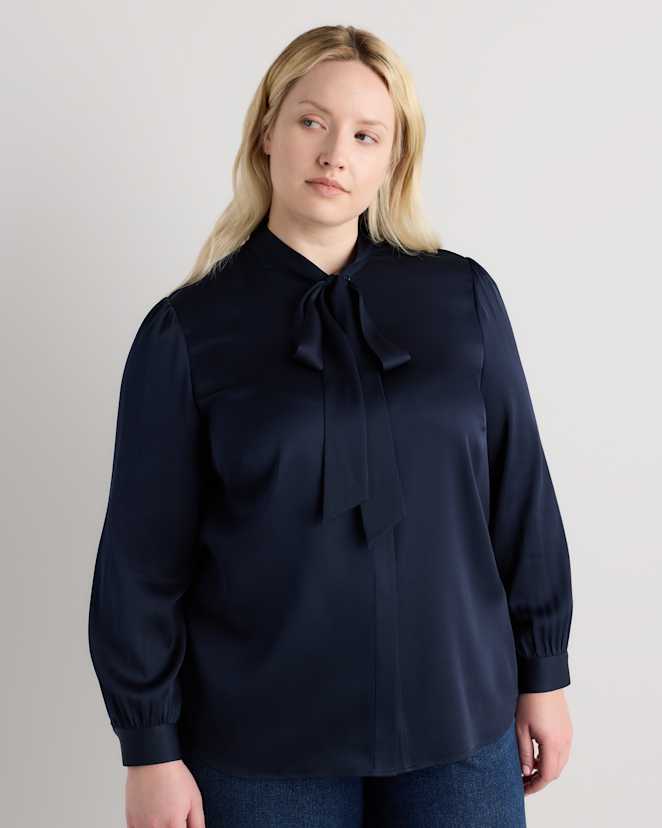 Navy Washable Stretch Silk Tie Neck Blouse