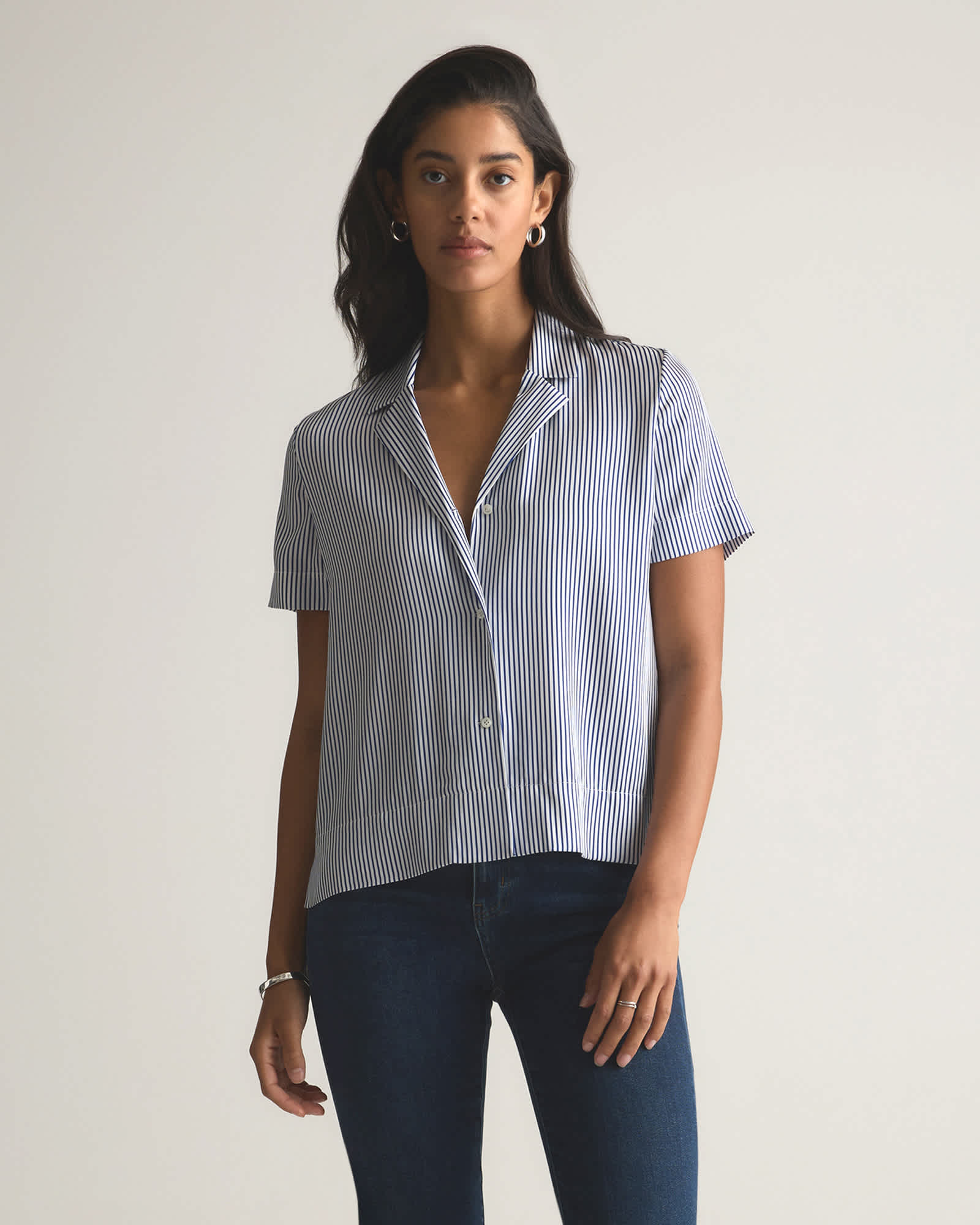 evie-stripe Washable Stretch Silk Short Sleeve Notch Collar Blouse