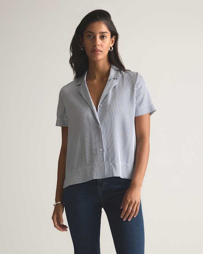 W-BLO-75-EVSTR-716 EDITED 1 Evie Stripe Washable Stretch Silk Short Sleeve Notch Collar Blouse