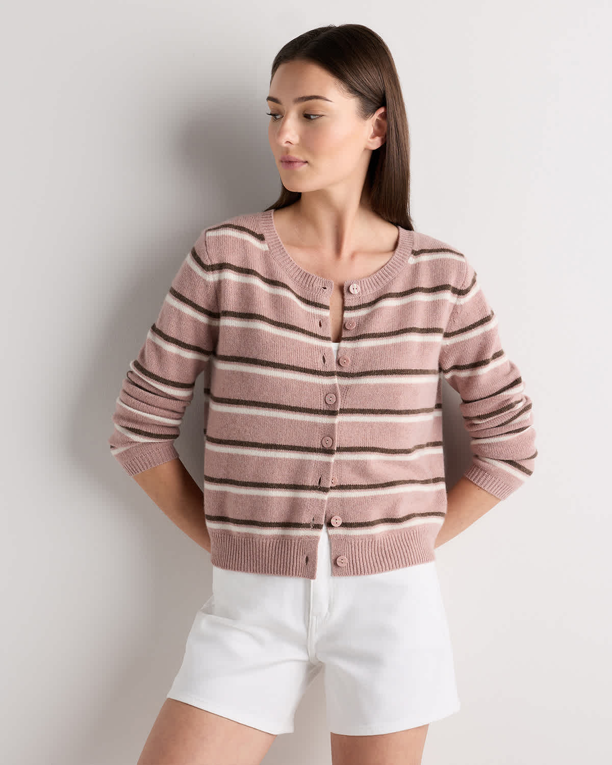 Heather Vintage Pink / Brown Variegated Stripe Mongolian Cashmere Cropped Crew Cardigan