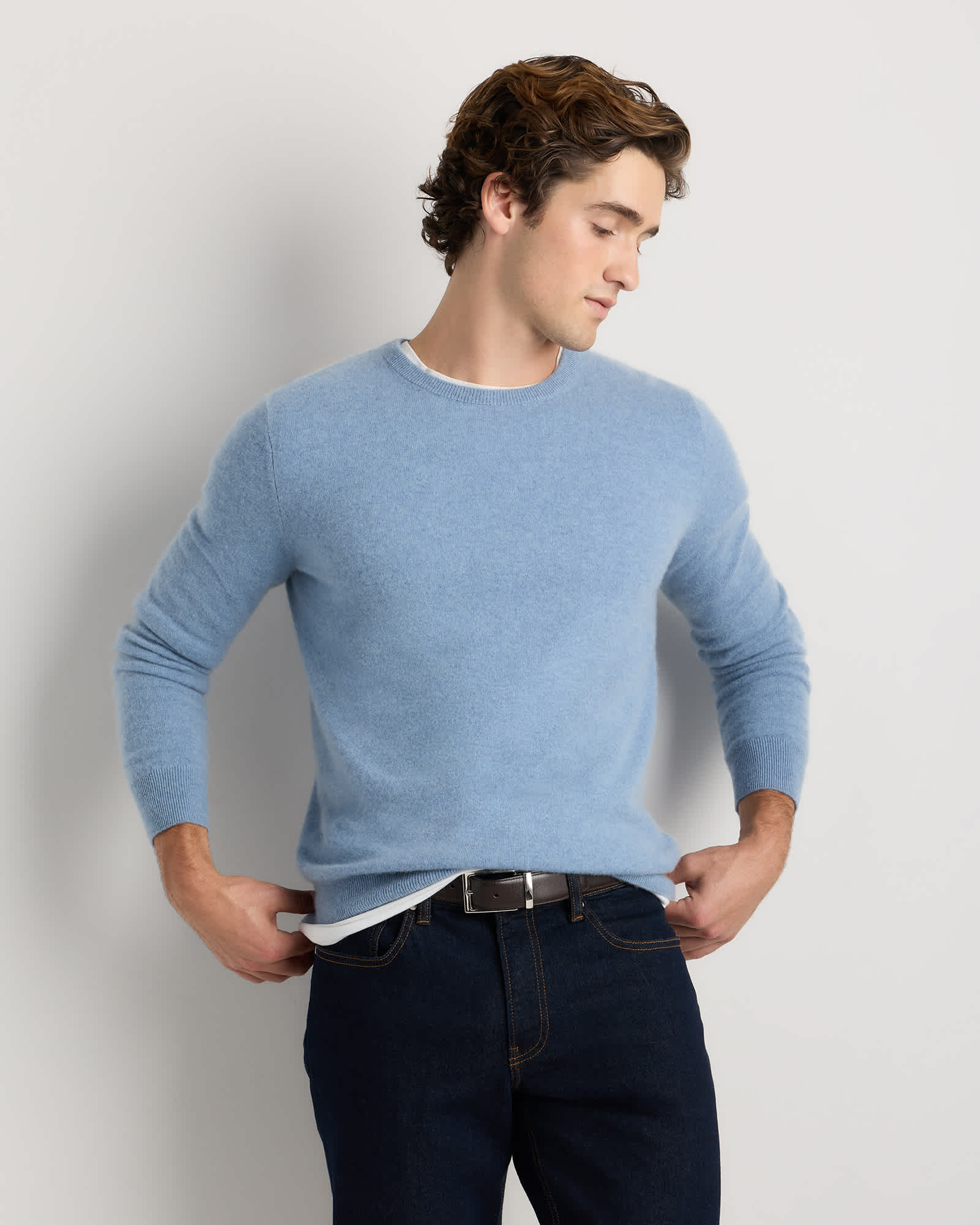 faded-denim Mongolian Cashmere Crewneck Sweater