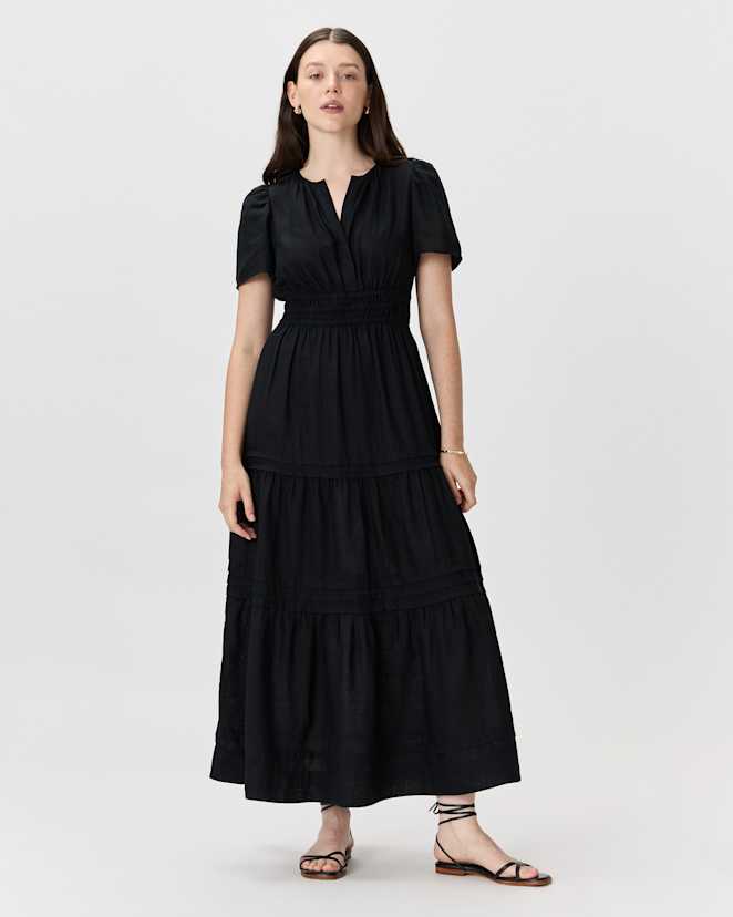Black 100% European Linen Tiered Maxi Dress