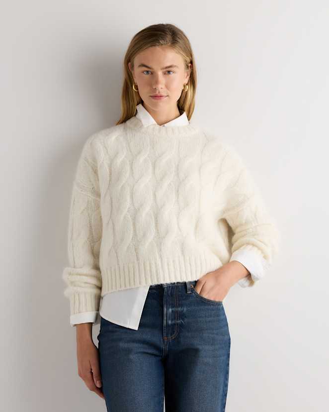 Ecru Mist Ivory Lofty Baby Alpaca Relaxed Cropped Cable Crewneck