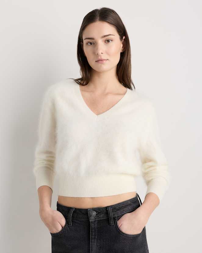 Ivory Brushed Cashmere Shrunken V-Neck Sweater