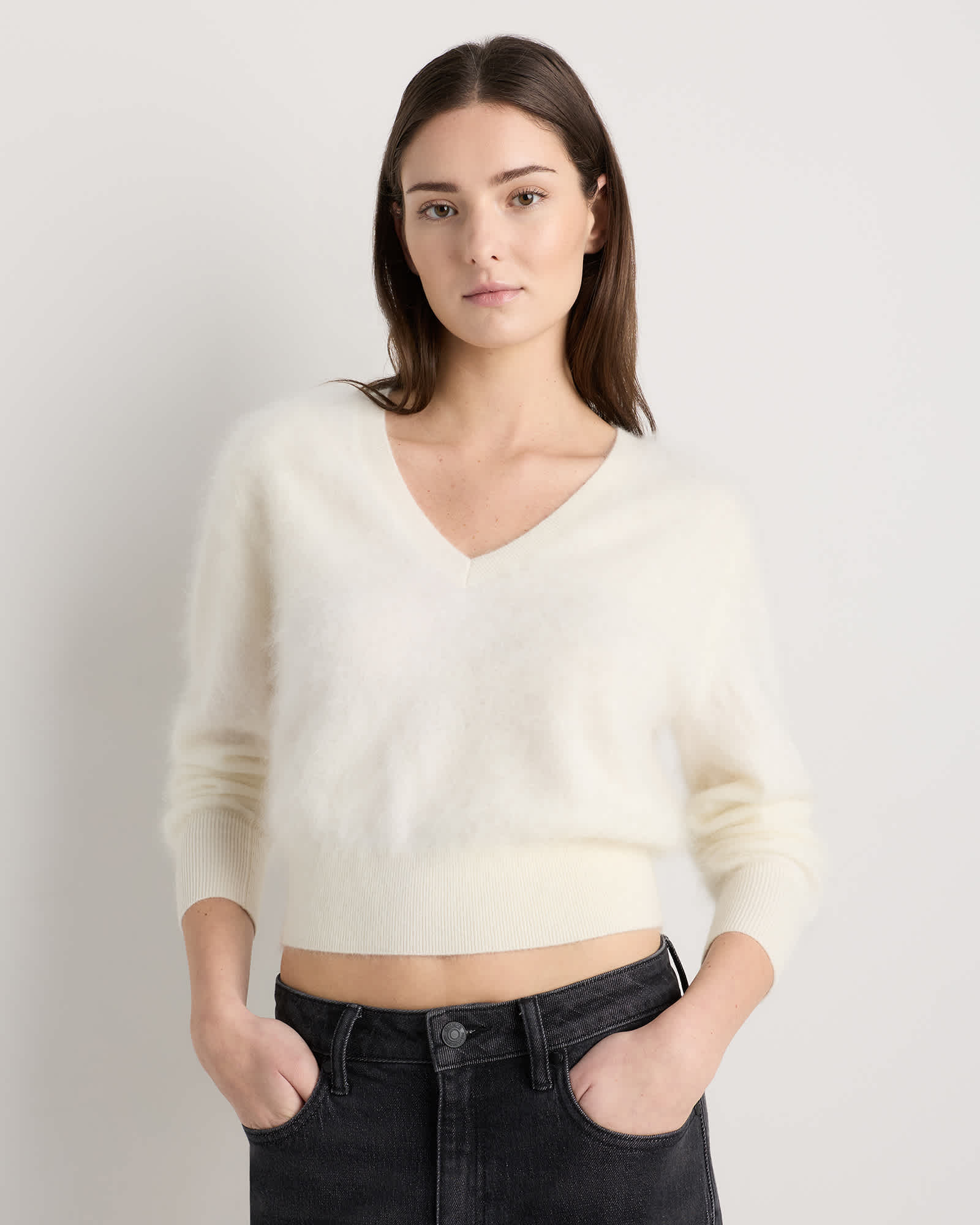 Ivory Brushed Cashmere Shrunken V-Neck Sweater