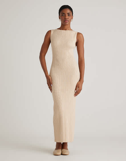 Robe midi sans manches côtelée en coton et cachemire