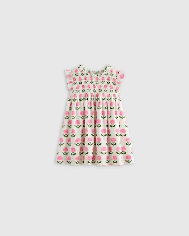 Pink Woodblock Floral 100% Organic Cotton Poplin Smocked Flutter Sleeve Dress