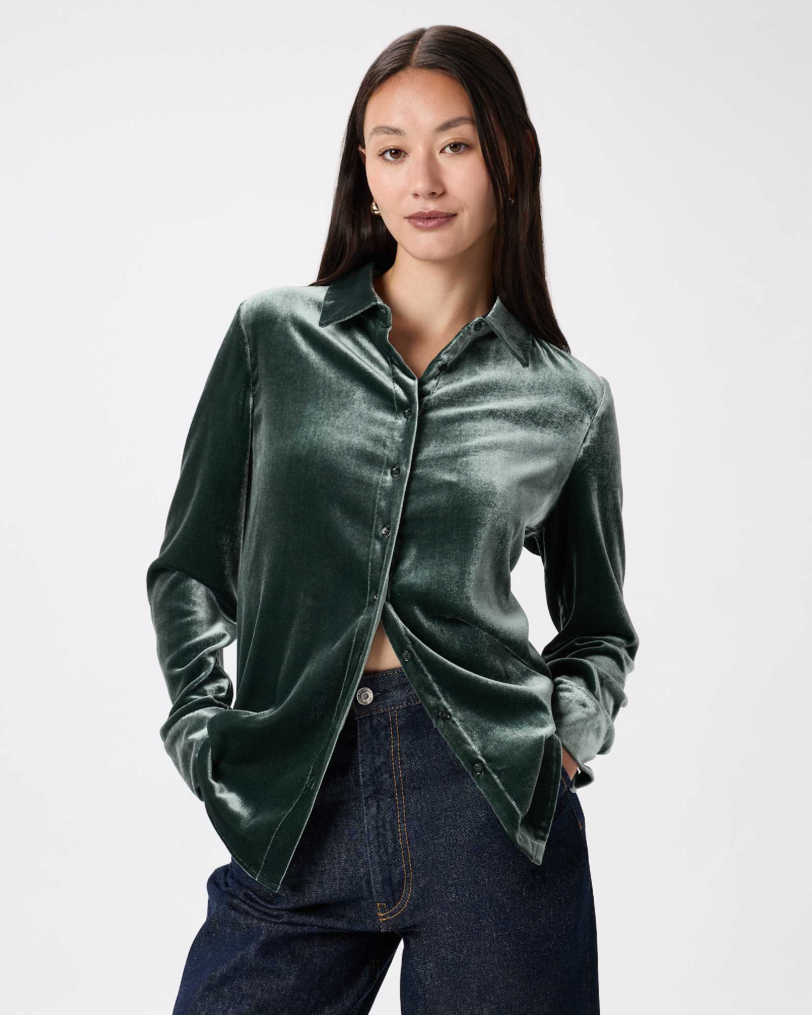 forest-green Stretch Silk Velvet Long Sleeve Shirt
