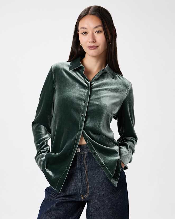Forest Green Chemise à manches longues en velours extensible de soie