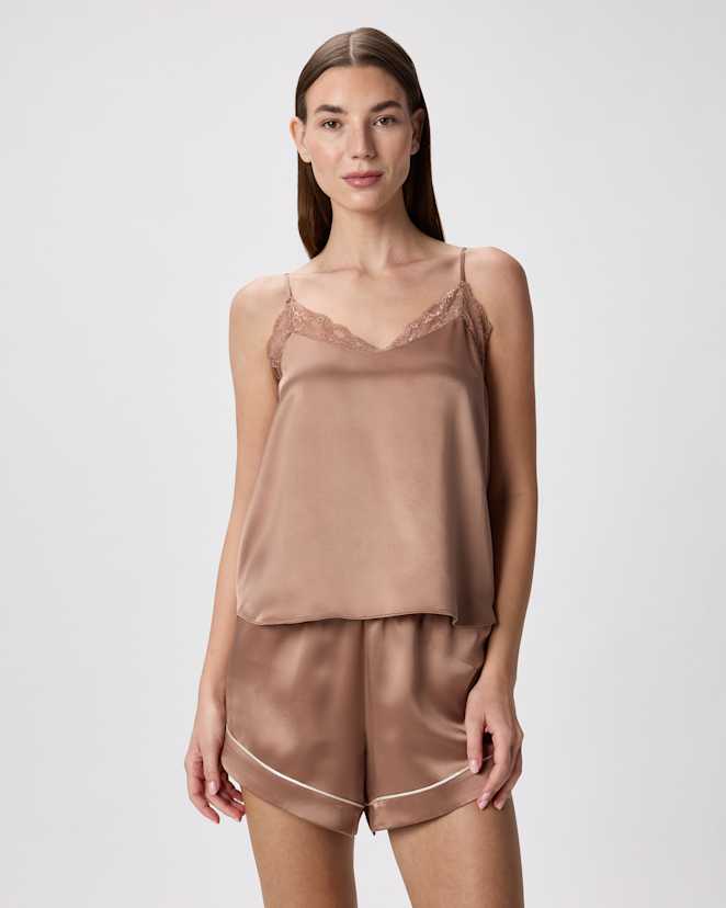 Toasted Almond 100% Washable Silk Satin Lace Cami Pajama Top