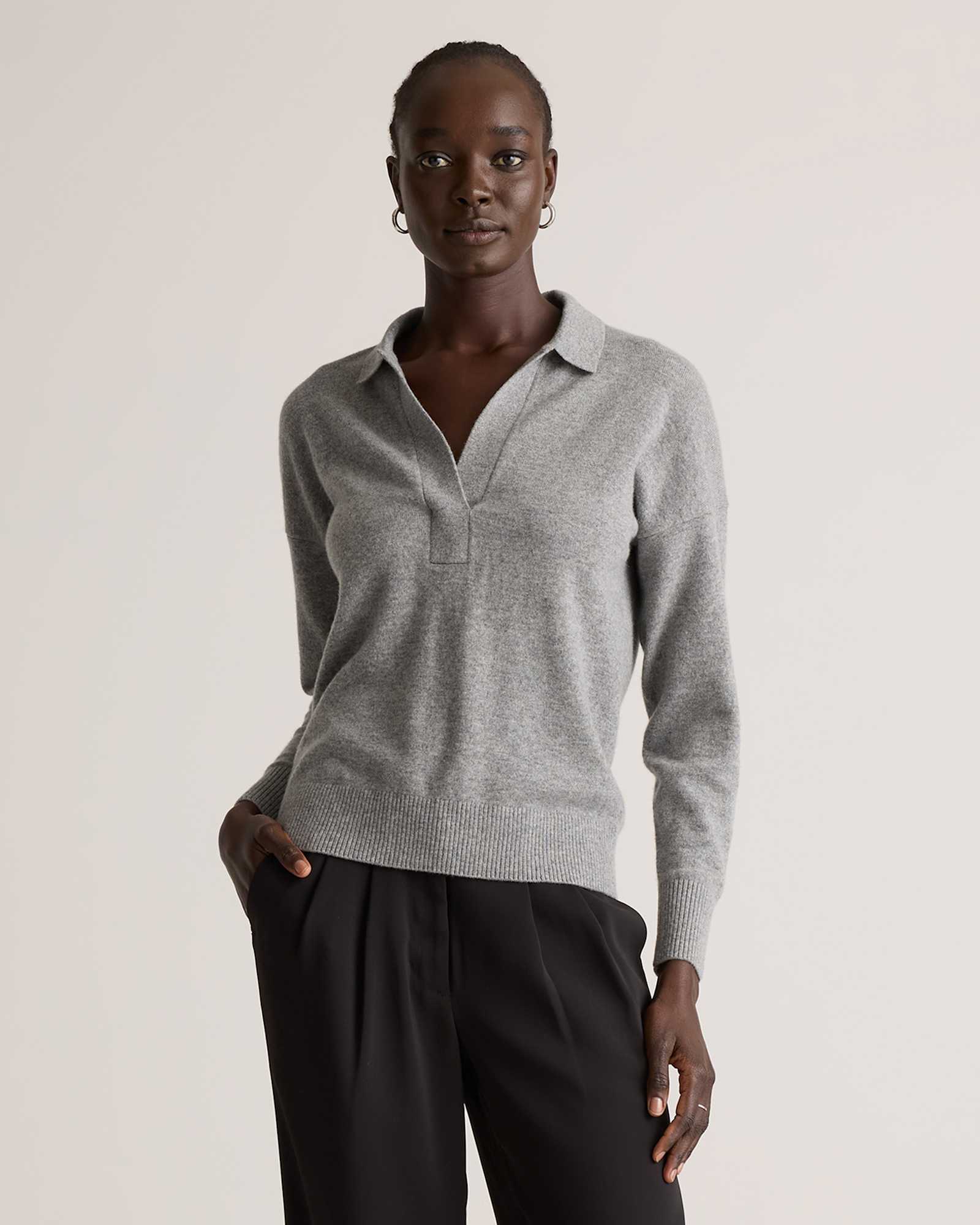 heather-grey Mongolian Cashmere Polo Sweater