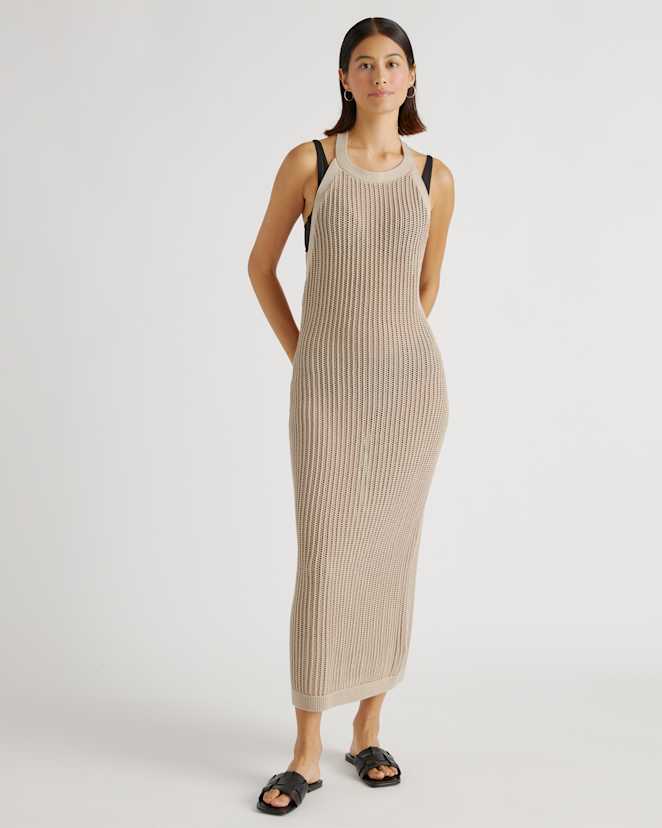 Beige 100% Organic Cotton Open-Knit Cover-Up Maxi Dress