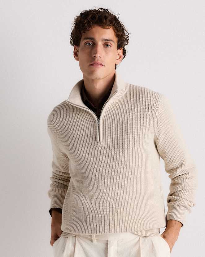 Speckled Beige 100% Organic Cotton Ribbed Quarter-Zip Sweater
