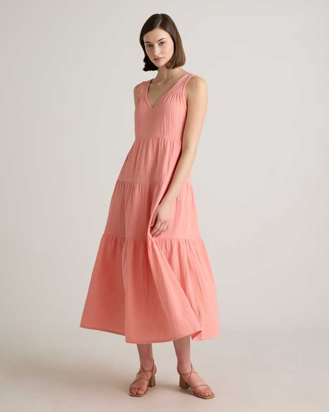 Coral Blush 100% Organic Cotton Gauze Tiered Maxi Dress