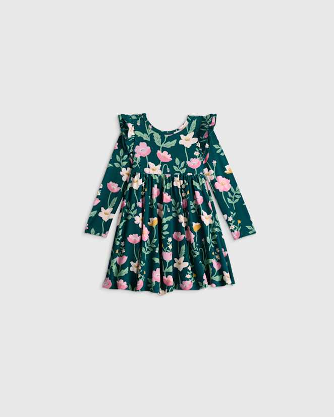 Green Poppy Garden Bamboo Long Sleeve Flutter Twirl Dress