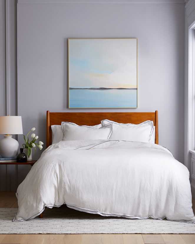 Double Edge Embroidery Navy European Linen Double Edge Embroidery Duvet Deluxe Bundle