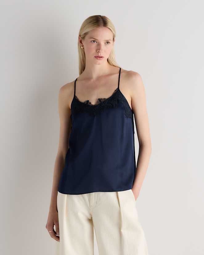 Navy 100% Washable Silk Lace Cami