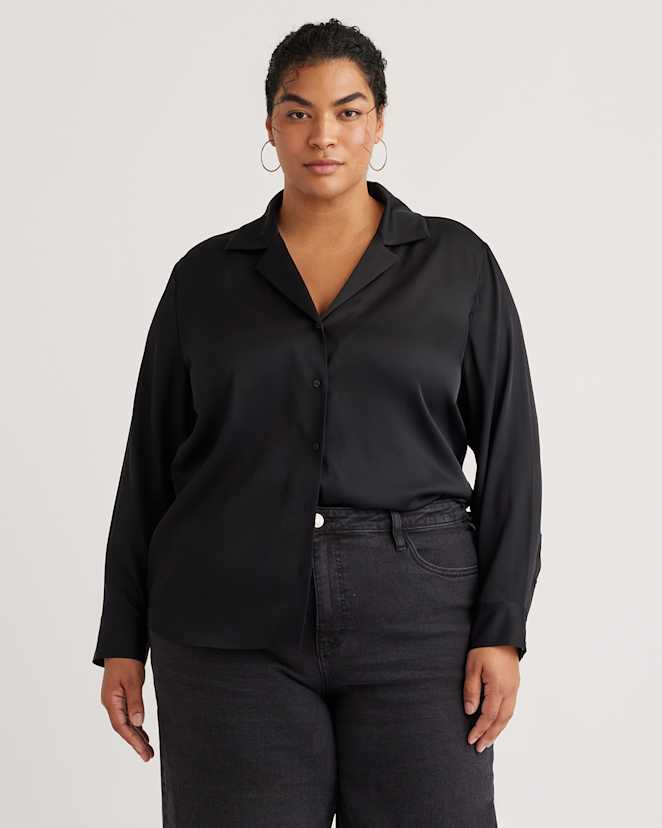 Black Chemisier en soie extensible lavable à col à revers cranté