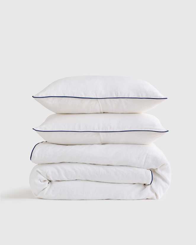 White/Navy European Linen Piped Duvet Cover Set