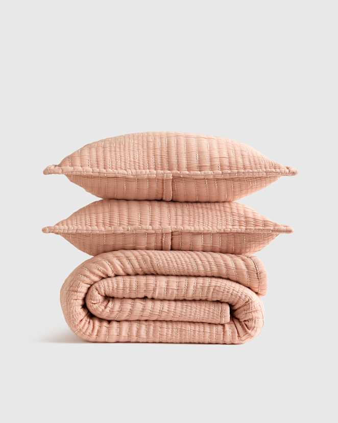 Coral Pink Organic Cotton Channel Stitch Coverlet Set