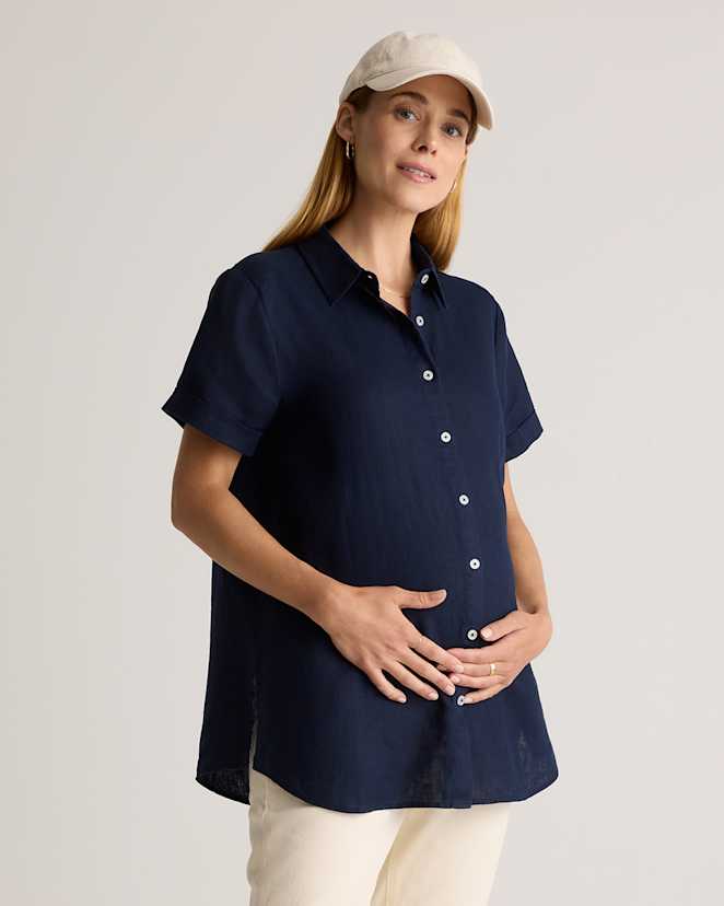 W--213-DNAV 0510 EDITED 1 Deep Navy 100% European Linen Maternity Camp Shirt