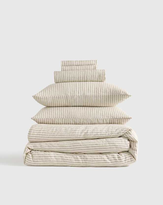Willowleaf/White Stripe European Linen Stripe Deluxe Bedding Bundle