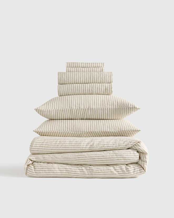 Willowleaf/White Stripe European Linen Deluxe Bedding Bundle