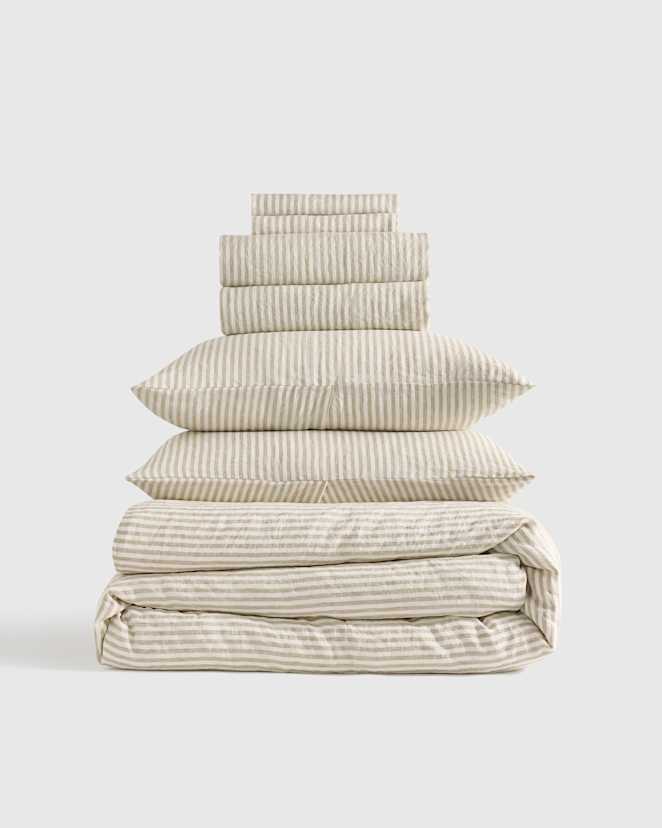 Willowleaf/White Stripe European Linen Stripe Deluxe Bedding Bundle