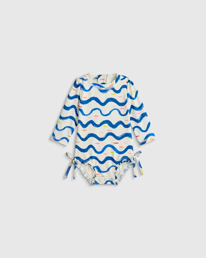 Wavy Fish Long Sleeve Tie One-Piece Swimsuit