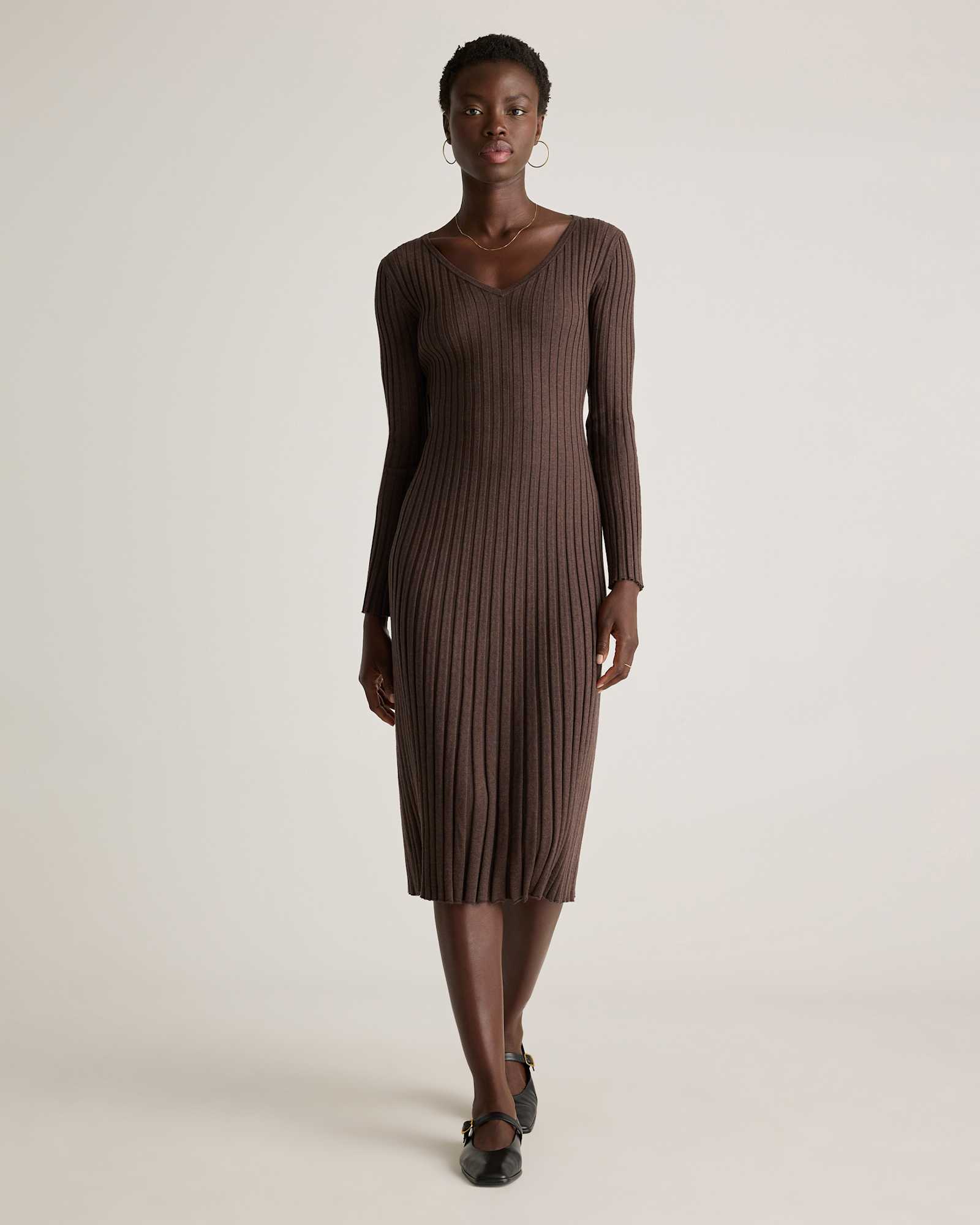 mocha-heather Cotton Cashmere Ribbed Long Sleeve V-Neck Midi Dress