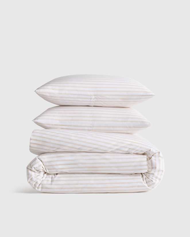 White/Toffee Classic Organic Percale Double Stripe Duvet Cover Set