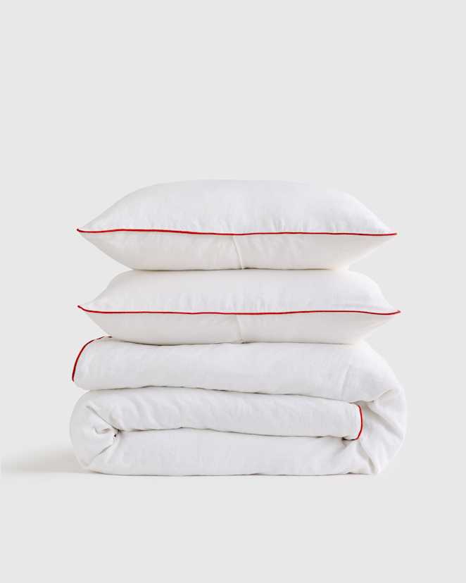 White/Cherry European Linen Piped Duvet Cover Set