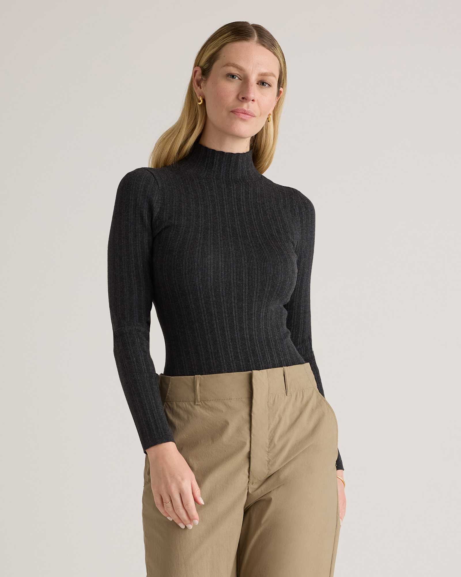 Heather Charcoal Cotton Cashmere Ribbed Turtleneck Bodysuit