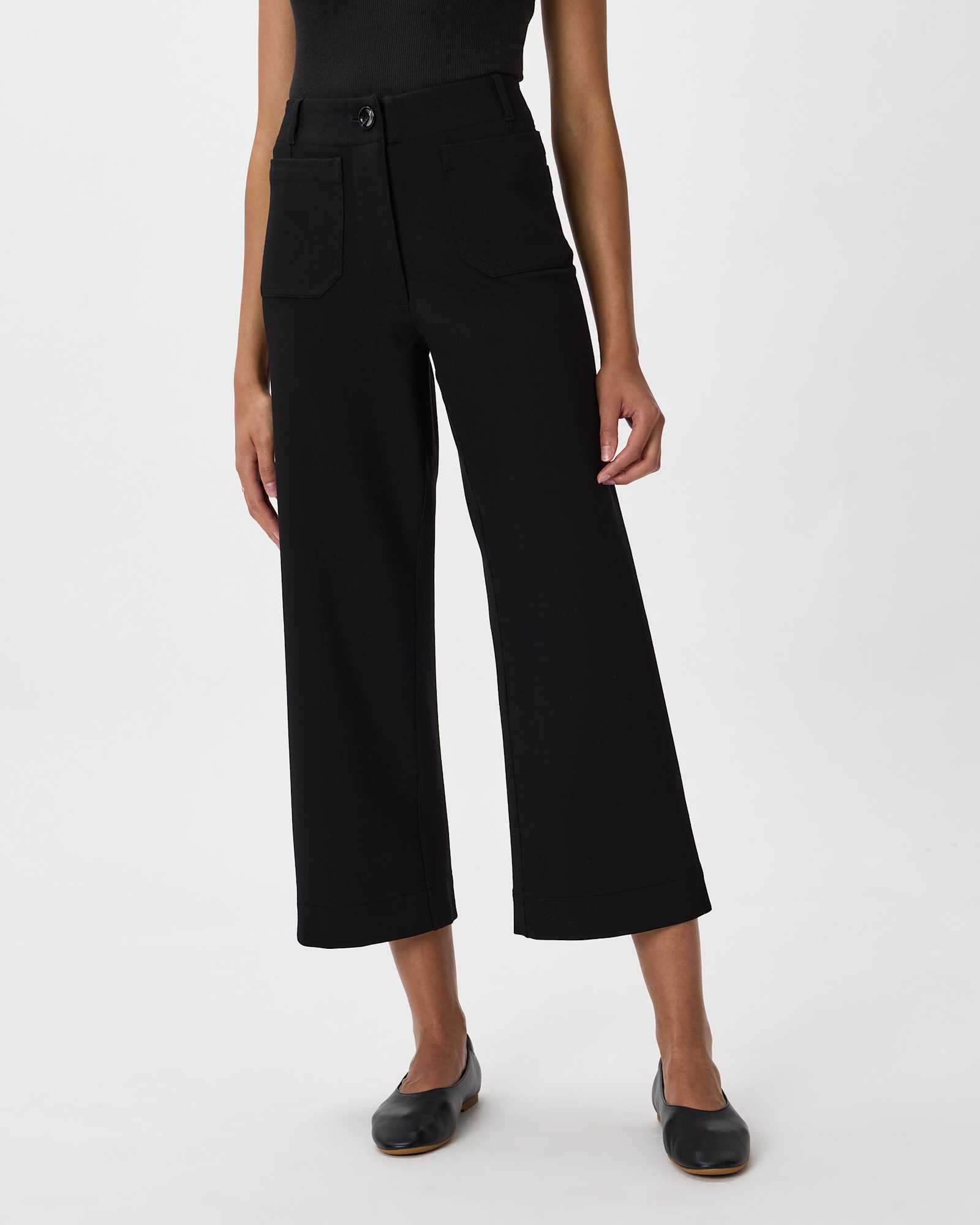 black Ultra-Stretch Ponte Cropped Wide Leg Pants