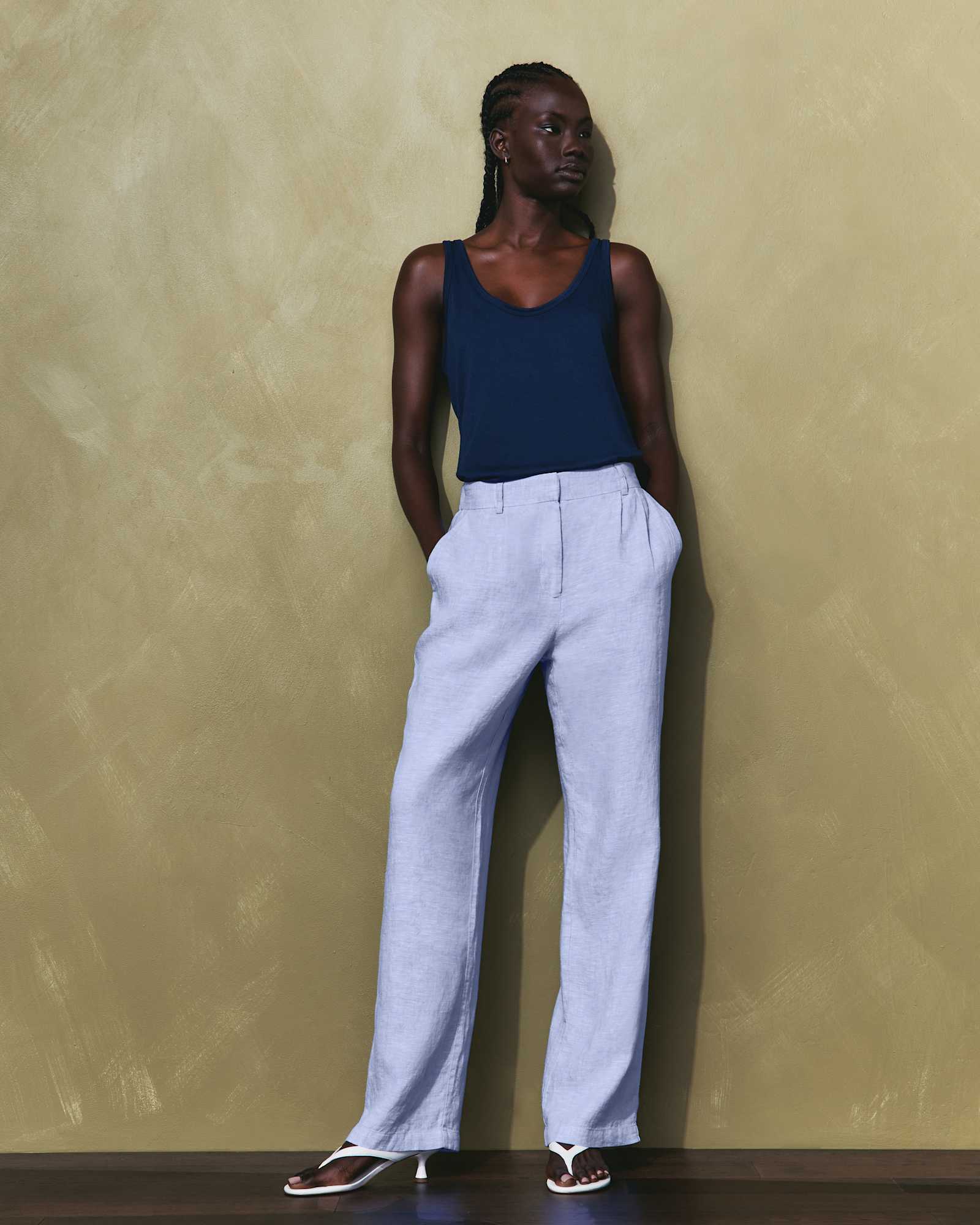 French Blue 100% European Linen Pleated Trouser