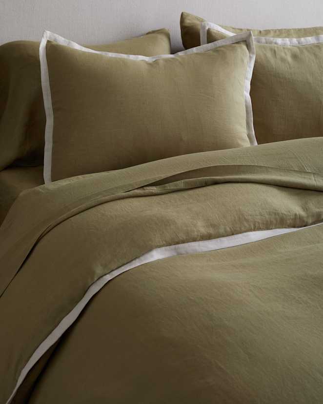 Aloe/Sand European Linen Contrast Flange Sham Set