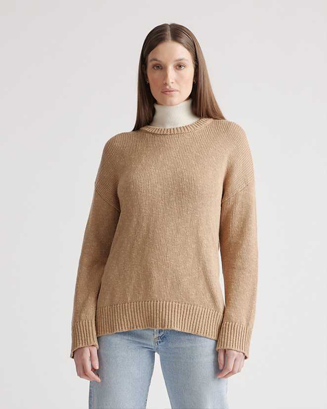 Camel Cotton Linen Oversized Crew Sweater