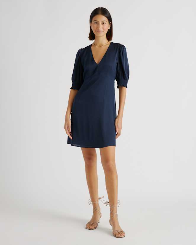 Navy Washable Stretch Silk Puff Sleeve Mini Dress