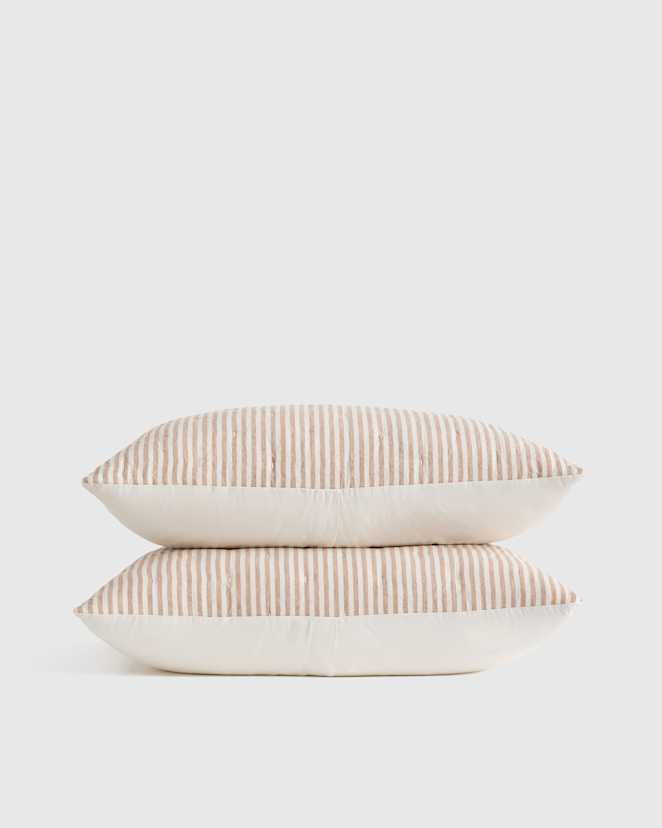 Latte/White Stripe Ensemble de taies décoratives matelassées en lin européen à motif