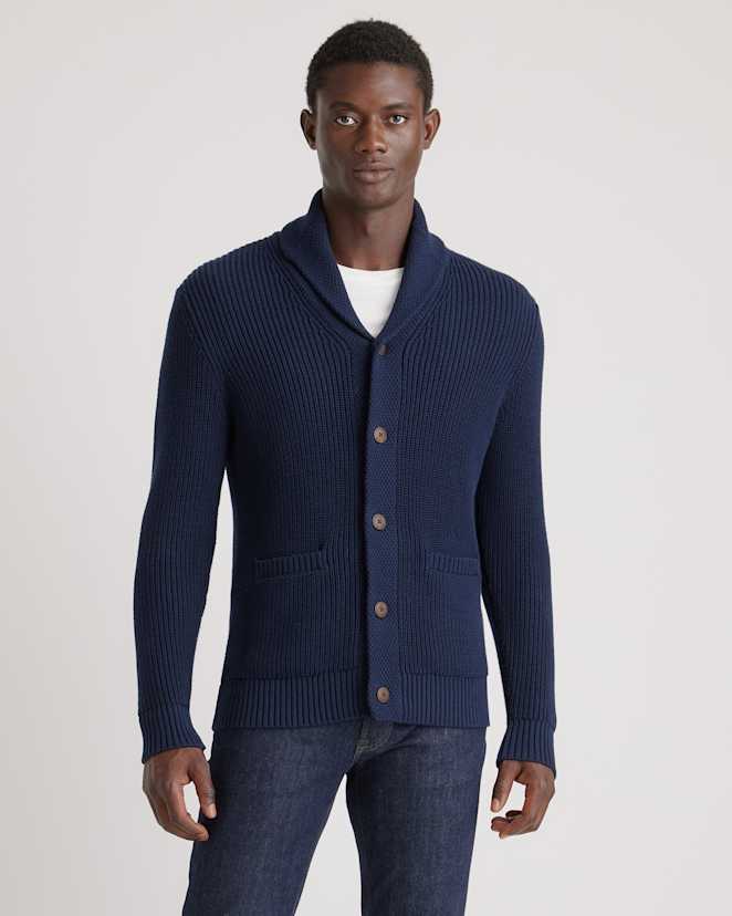 Navy 100% Organic Cotton Shawl-Collar Cardigan Sweater