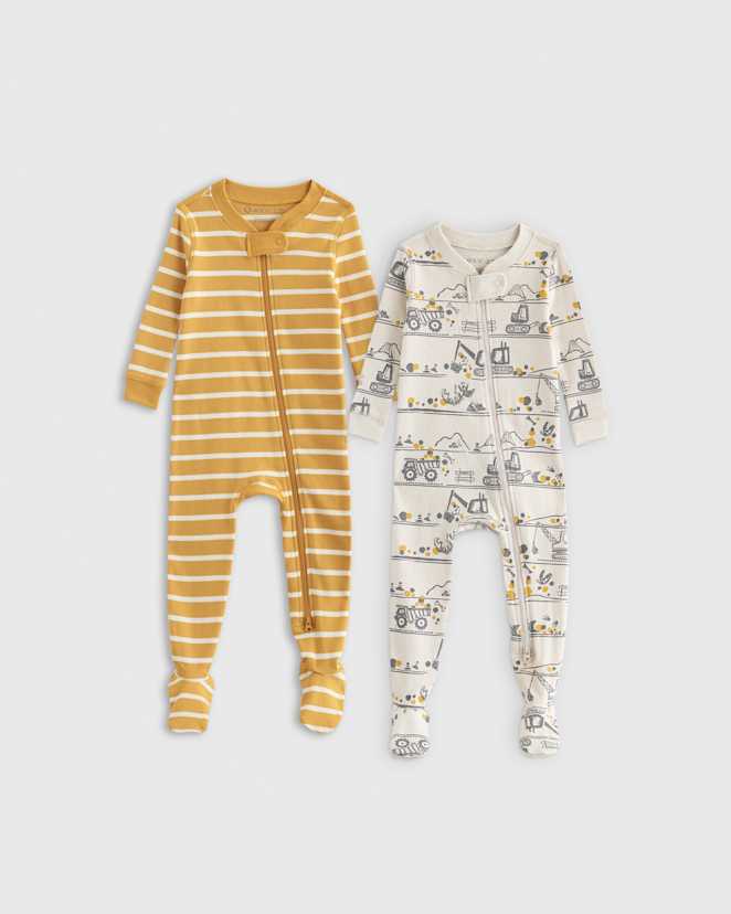 U--110 Tight Fit FootieConstruction 2-Pack Construction Stripe 100% Organic Cotton Tight Fit Footie Pajamas 2-Pack