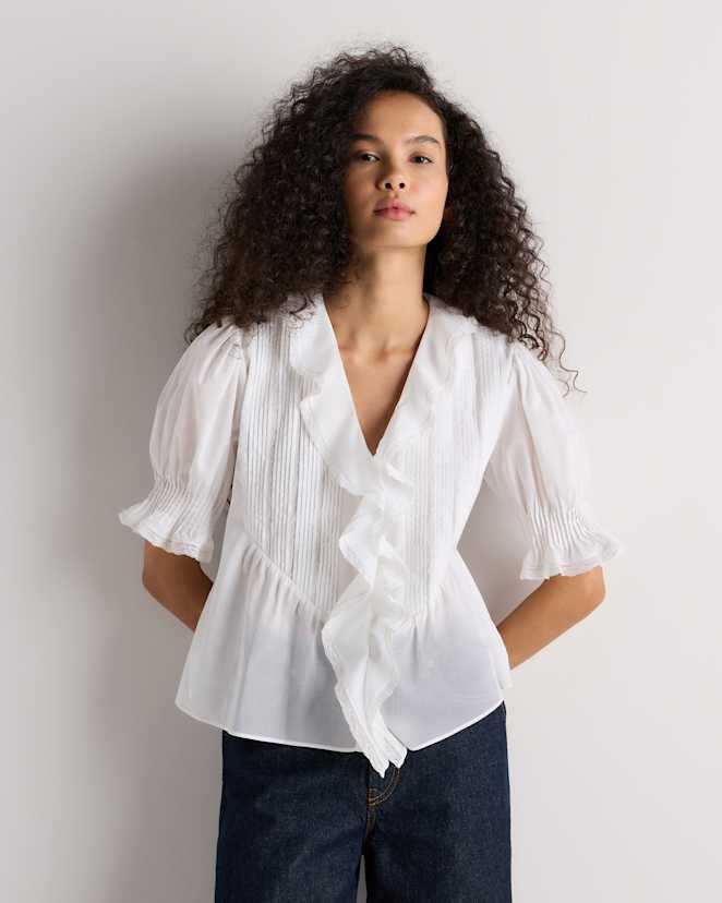 Classic White Organic Cotton Voile Short Sleeve Peasant Blouse