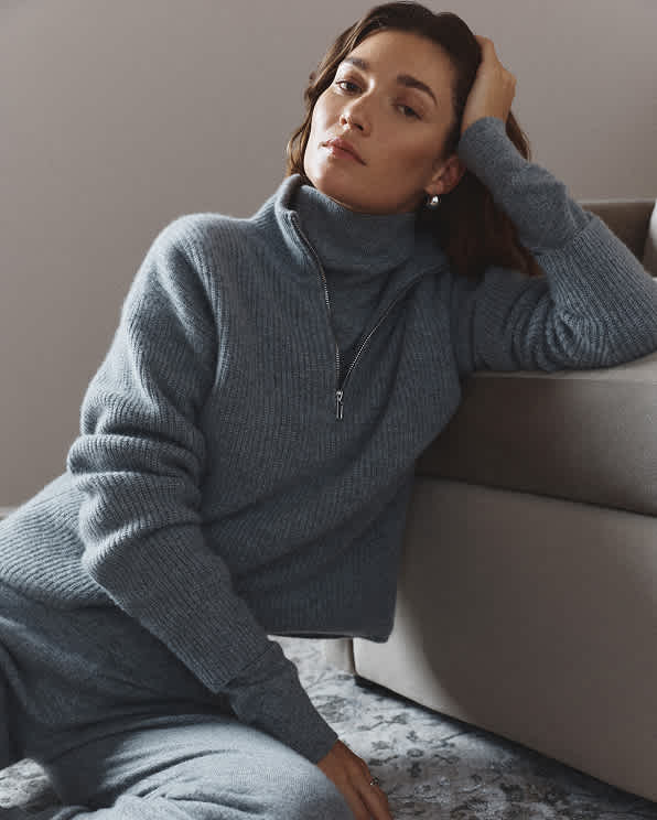 Heather Grey Pull style pêcheur en cachemire de Mongolie à glissière un quart