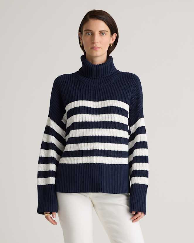 Navy/White 100% Organic Cotton Split Hem Turtleneck Sweater