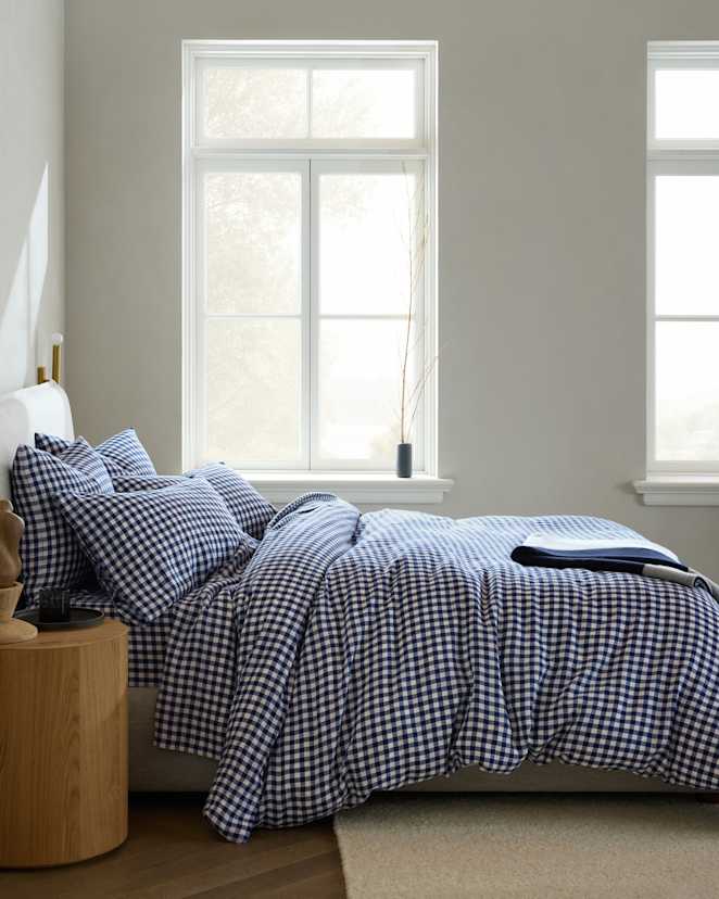 Navy Gingham European Linen Duvet Cover