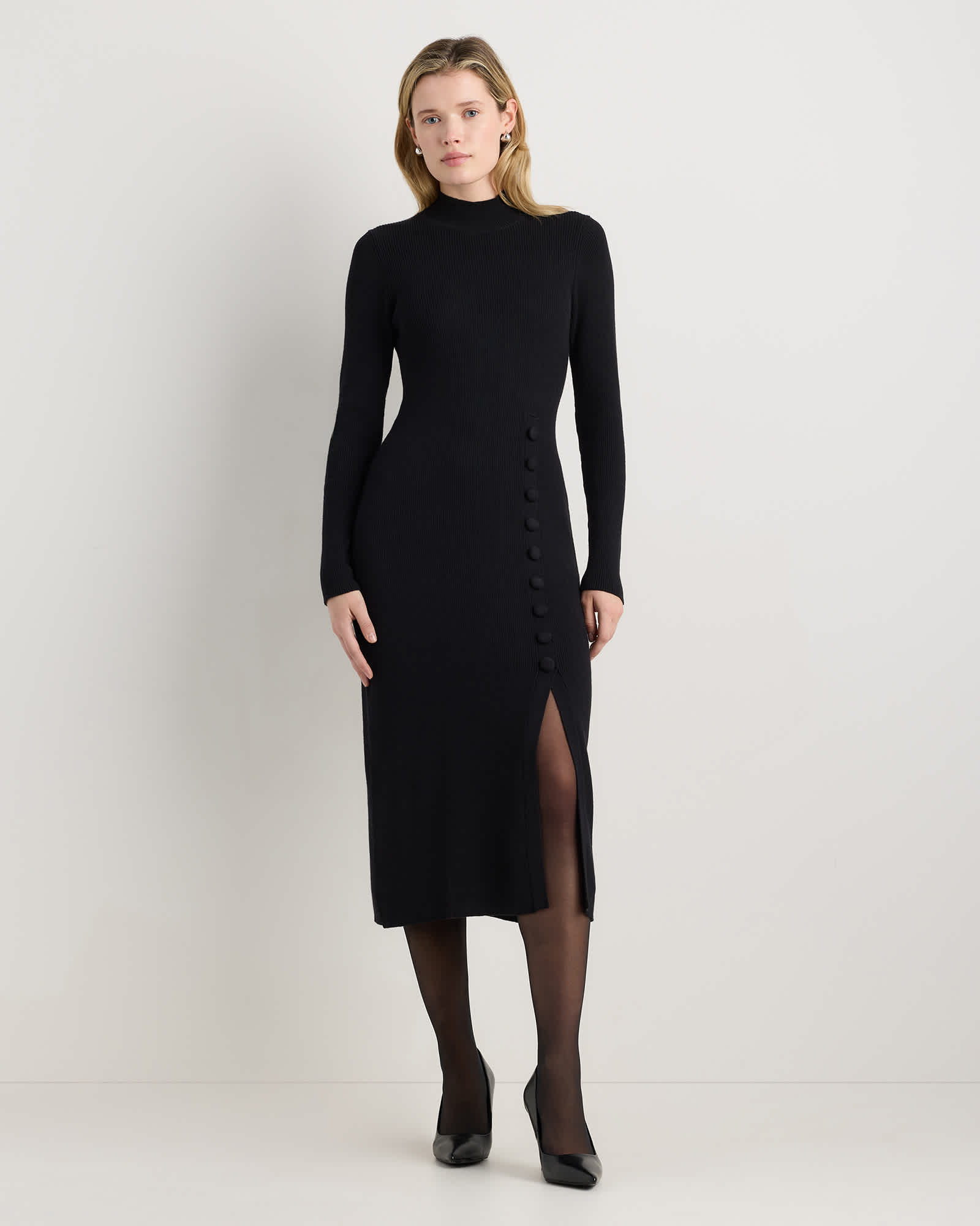 Black Cotton Cashmere Side Slit Midi Dress