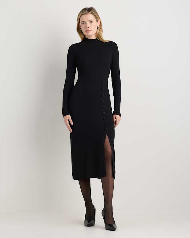 Black Cotton Cashmere Side Slit Midi Dress