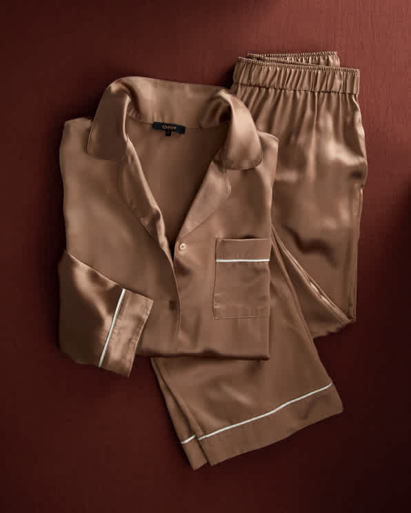 silkbuttondownpjs Toasted Almond 100% Washable Silk Satin Pajama Long Sleeve Top