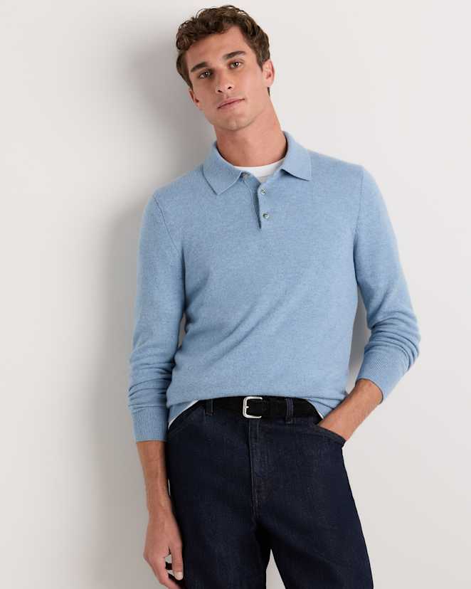 Faded Denim Mongolian Cashmere Polo Sweater